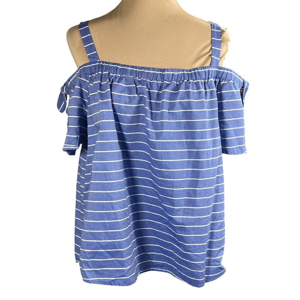 London Times OTS Top Blue White Stripe Cotton Short Sleeve Size L Large